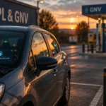 Voiture au gaz GPL et GNV sur parking, station en arrière-plan