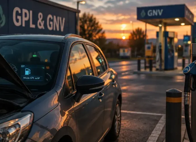 Voiture au gaz GPL et GNV sur parking, station en arrière-plan