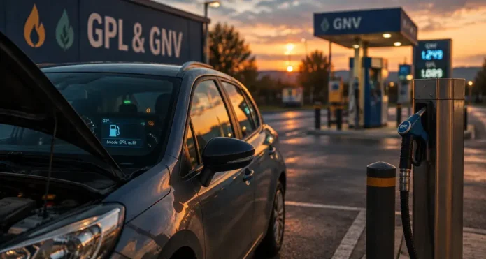 Voiture au gaz GPL et GNV sur parking, station en arrière-plan